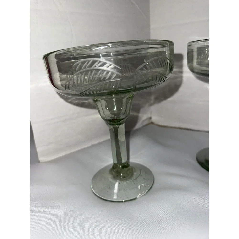 Margarita Glasses‎ Handblown Set Of (4) Green Stem Green Bowl Etched
